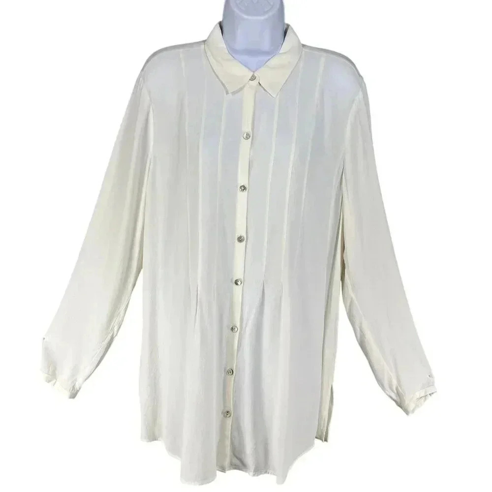 J. Jill Women L Cream Rayon Button-Up Blouse Modest Shirt Minimalist Career Wear